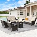 HOOOWOOO Patio Outdoor Furniture Set with Fire Pit Table,5 Piece Modern Wicker Couch Sofa,Weather Resistant Conversation Seating Set for 7 Person(Beige Tan)