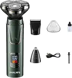 Barbeador 3 em 1 Recarregável com 2 Velocidades, 3 Acessórios (9D Flutuante, Corte de Cabelo e Aparador de Pelos Nasais), Tela LCD (verde)