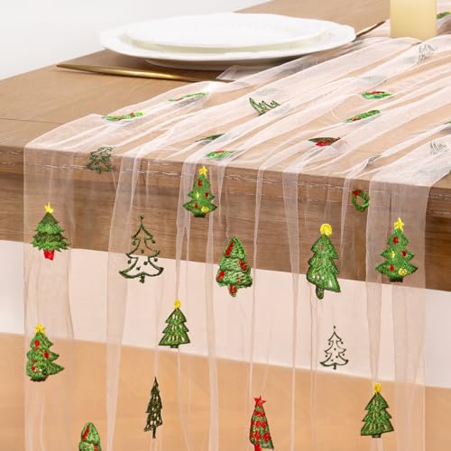 Image of Christmas Tree Embroidery Table Runner White Sheer Tulle Table Runner, 3PC