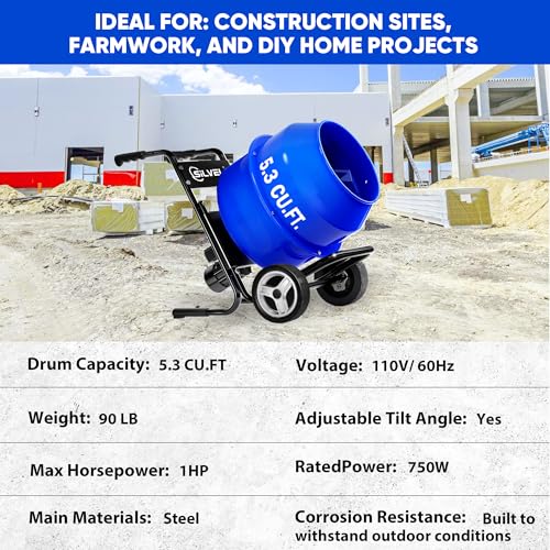 SILVEL 5.3 Cu.Ft. Cart-Mounted Concrete Mixer – 750W 1HP Electric Cement Mixer, Heavy Duty Mixing Machine for Mortar, Stucco & Fodder - Thumbnail 7