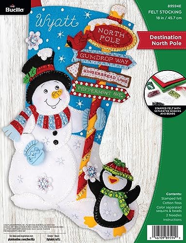 Image of Bucilla Felt Applique 18 inch Stocking Making Kit, Destination North Pole, Perfect for Holiday DIY Arts and Crafts, 89594E