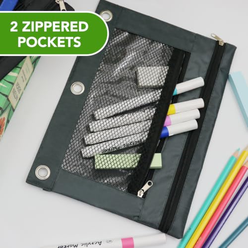 Image of Pencil Pouch for 3 Ring Binder, Heavy Duty Canvas Dual Zipper Pen Bag with Clear Window, Smooth Metal Zipper, Fit Standard 3-Ring Binders for School Office Travel Supplies (Dark Grey)