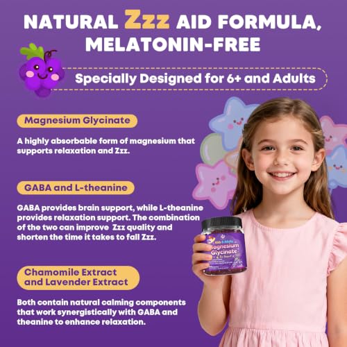 Image of Sugar Free Magnesium Glycinate Gummies for Kids & Adults - Zzz Support, Relaxation & Cognition Support, 200 /400mg Magnesium Gummies with L-Theanine, GABA, Calcium, B6, D3, C & K2, Grape Flavor, 60 Ct