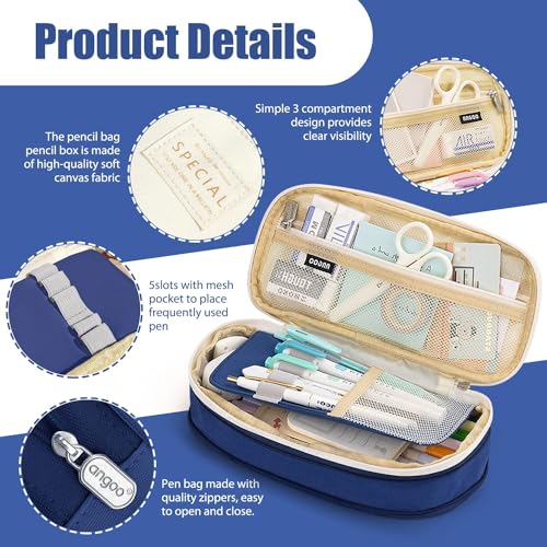 Image of LABUK Capacity Pencil Case Pouch, Cute Big Capacity Zipper Cases Pen Portable Office Stationery Makeup Bag, Desk Organizer for College Adults Women Men (Cotton Blue)