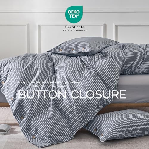 Image of JELLYMONI Cotton Duvet Cover Twin Size - Blue Vertical Pinstriped Comforter Cover with Button 100% Washed Cotton 2PCS Breathable Soft Solid Bedding Set Duvet Cover 68x90in & 1 Pillowcase (NO Insert)