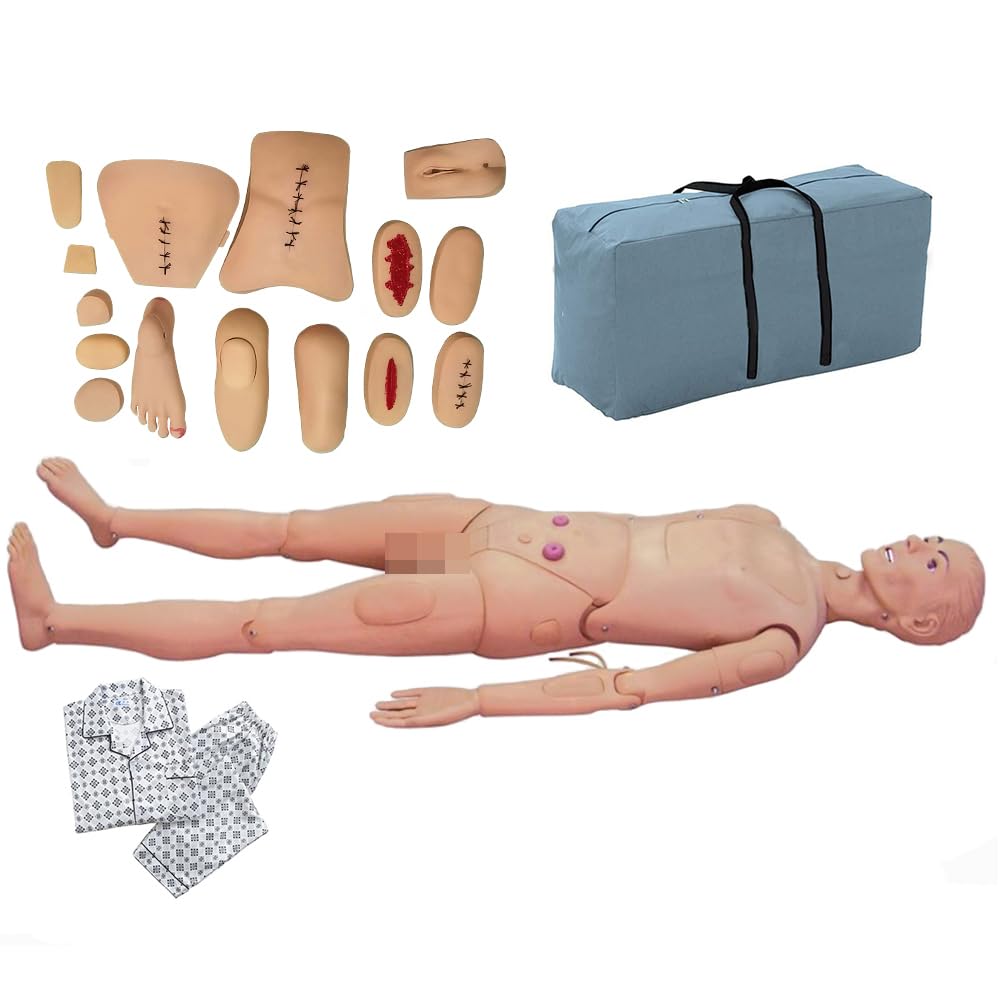DRXRD Pflegepuppe Altenpflege Lebensgroß Krankenpflege-Puppe mit Wundmodul + Amputationsmodul + Patientenkittel + Aufbewahrungstasche für Unterricht in der Grundausbildung in der Krankenpflege
