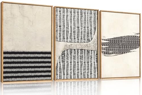 Aryroi Large Abstract Black and Beige Framed Canvas Wall Art,Minimalist Dots Lines Wall Decor,Modern Geometric Shapes Artwork,Cozy Neutral Art Print for Living Room,Bedroom,Office,Home-24'x36'x3