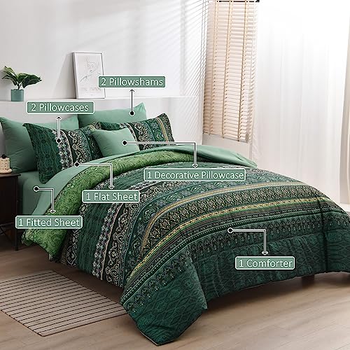 Image of Boho Green Comforter Set Queen Size,8 Piece Bed in a Bag Bohemian Striped Bedding Quilt Set,Dark green Paisley Floral Comforter and Sheet Set,Soft Microfiber Complete Bedding Sets for All Season