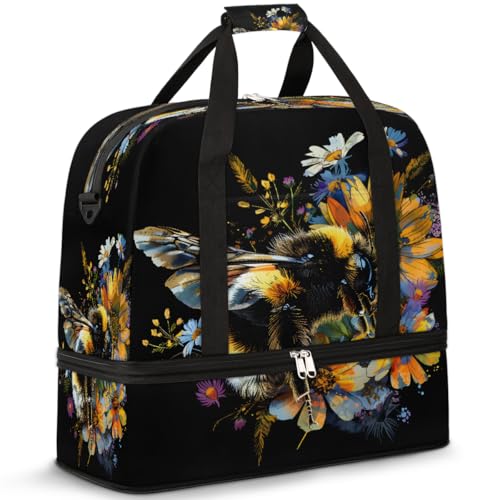 Flower Animal Bee Travel Duffle Bags With Shoes Compartment for Women Men Weekender Overnight Bag Foldable Sports Tote Gym Carry On Luggage Handlebag for Travel Yoga Hospital Workout