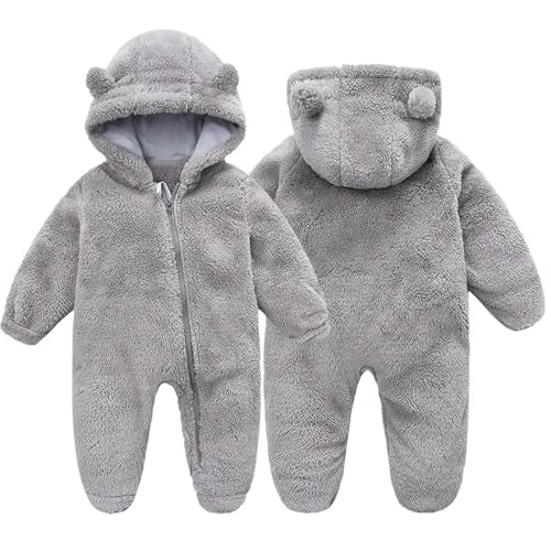 Image of BYFRI Baby Fluffy Onesies Infant Fleece Jumpsuits Cute Bear Hooded One Piece Outfit Newborn Snowsuit Footed Outerwear