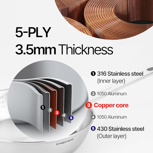Image of 10.2 Inch Skillet Frying Pan 316 Stainless Steel Copper core 5-Ply Induction compatible Dishwasher & Oven Safe
