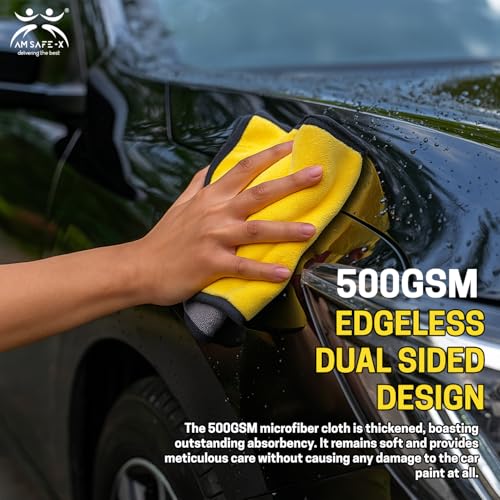 Image of AM Safe-X Microfiber Cloth for Car 500 GSM 40x40 cms 1 Pcs Yellow & Grey Twisted Loop Super Absorbent Towel, Edgeless Design with Plush Pile & Lint Free Cloth for Drying & Detailing