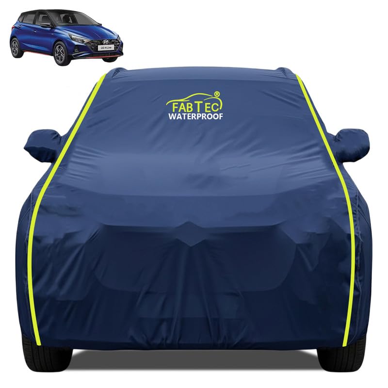 Image of FABTEC Premium Waterproof Car Body Cover for Hyundai I20 N LINE| All Weather Protection | Dustproof, UV Resistant, Scratch Proof | Mirror Pocket, Soft Cotton Lining (Navy Blue)