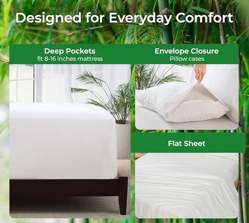 Image of Royale Linens Bamboo Viscose Twin Sheet Set - Cooling Bed Sheet Set - 1 Fitted, 1 Flat & Pillowcase - Fits Up to 16 inch - Organic Viscose Derived from Bamboo - Bedding Sheet & Pillowcase (Twin, White)