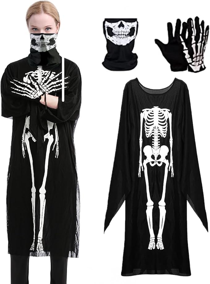ChAusa 3 Pièces Deguisement Halloween Squelette Femme, Costume Squelette Femme Adulte Halloween Costume Fête, Robe de Soirée Horreur Jour des Morts Robe de...
