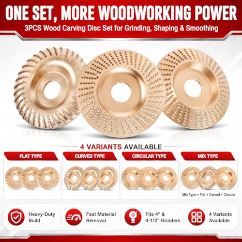 Image of Tungsten Carbide Wood Cutting Wheel Carving Disc Shaping Attachments Set for Shaping Sanding Grinding Blades Heavy Duty Angle Grinder Polishing Pad for 4 inch & 4-1 /2 inch Woodworking (Circular Type*3)