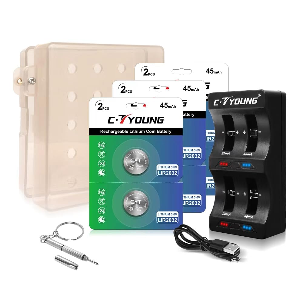 Lir2032 Lot de 6 piles rechargeables de rechange Cr2032 3,6 V Lithium Ion | Avec chargeur, pile à monnaie, boîte de rangement verrouillable pour plus de sécurité