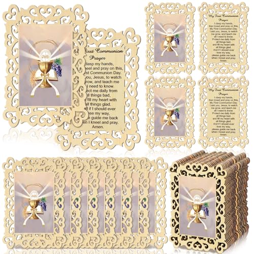 Leinuosen 24 Pcs First Holy Communion Prayer Cards Wood Religious Holy Card for Church Prayers Catholic Prayer Cards First Communion Christening Engrave Guest Gift Catholic Gifts