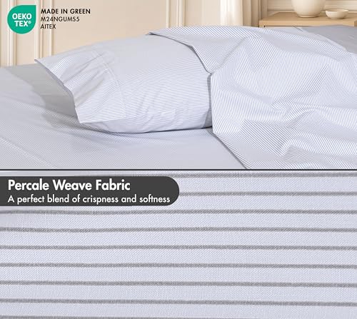 Image of RUVANTI 100% Cotton Percale Sheets Split King Size - Crisp Cooling Bed Sheets for Hot Sleepers, Deep Pocket 16 inch, Soft Breathable & Durable Hotel-Style 5 Piece Set, Grey Pinn Stripe