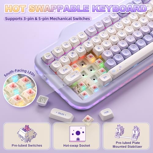 Image of YUNZII C98 Wireless Mechanical Keyboard with Number Pad,99 Key BT5.0 /2.4G /USB-C Hot Swap Gasket Mount with PBT MOA Keycaps,Custom RGB,Cute Cake Keyboard for Win /Mac (Purple, Candy Linear Switch)