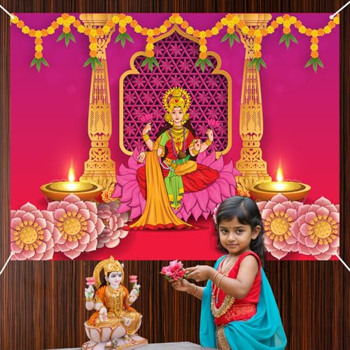 Image of Party Propz Lakshmi Devi Backdrop Cloth for Decoration Pooja, Backdrop for Pooja Decorations, Housewarming Decoration Items, Haldi Decorations Items for Home, Wedding Decor (Cloth Banner) (5 * 8ft)