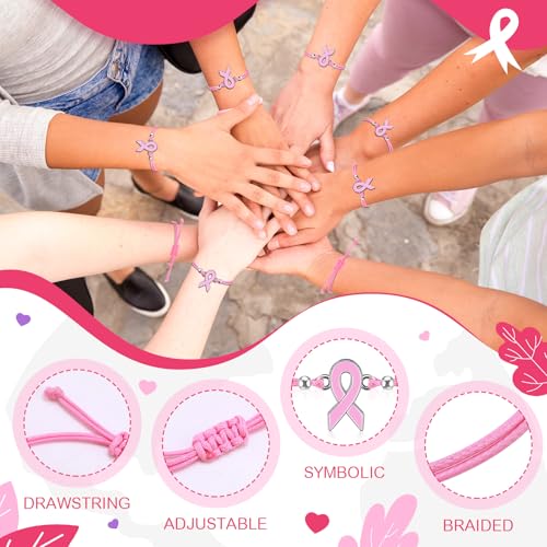 80 Pcs Breast Cancer Awareness Bracelets Adjustable Pink Ribbon Cord Fan Strap Braided Bracelet Motivational Breast Gifts for Women Cancer Fighter4