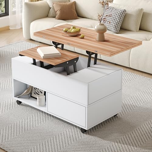 Mesa de centro 100 x 50 x 52 cm con 4 ruedas, mesa de salón multifuncional con 4 cajones, mesa de café elevable, mesa de sofá regulable y mesa de comedor con espacio de almacenamiento, color blanco +
