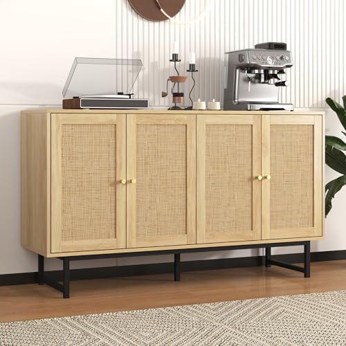 BXEYXE Sideboard 140x39.5x80 cm mit echtem Rattangeflecht. 4 Türen