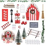 Koxtyzo Porta degli Elfi di Natale, 21 Pezzi Porticina Elfo Natale Legno Accessori, Porta Elfo Natale Kit, Porta Elfo Magica con Ghirlanda di Natale, Mini Albero Natale, Scopa, Stivali, Scala