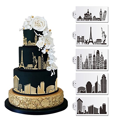 AK ART KITCHENWARE Landmark Building Plastic Cake Stencils Template for Fondant Cake Decorating Supplies Decor Stencil Mold White 5pcs 8.5