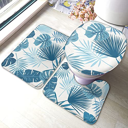 DIRYKILP Badematte + Konturmatte + Toilettendeckelbezug, Palmblätter 3 Stück Badematte Set, mit rutschfester Klebeunterseite