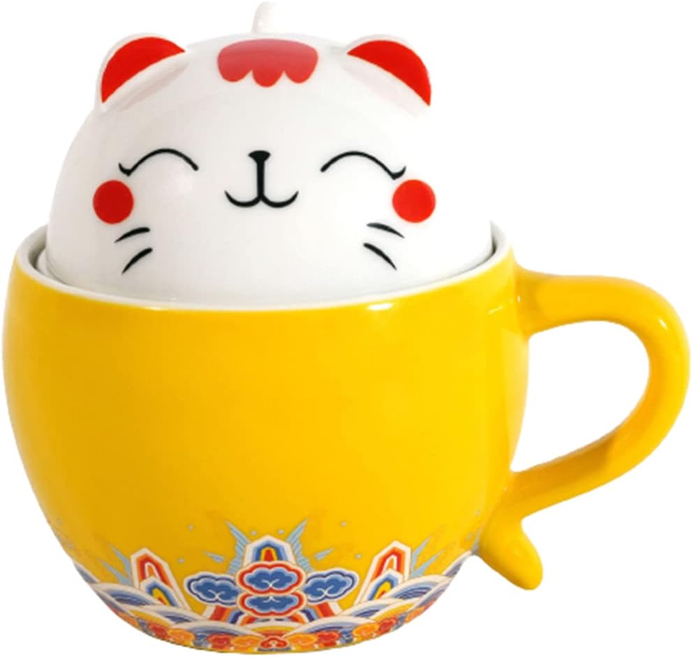 ARISKEY Ceramic Tea Mug with Infuser and Lid, Cat Tea Cup