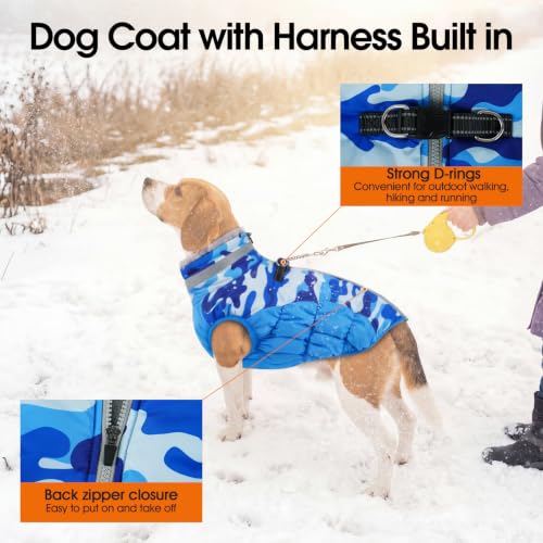 Image of Lelepet Dog Winter Coat with Harness, Waterproof Reflective Camo Jacket