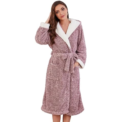 HEARTNICE Womens Hooded Plush Robes Soft Warm Long Bathrobe for Women Fluffy Winter Loungewear (Dark Red Mel.,S/M) Cover