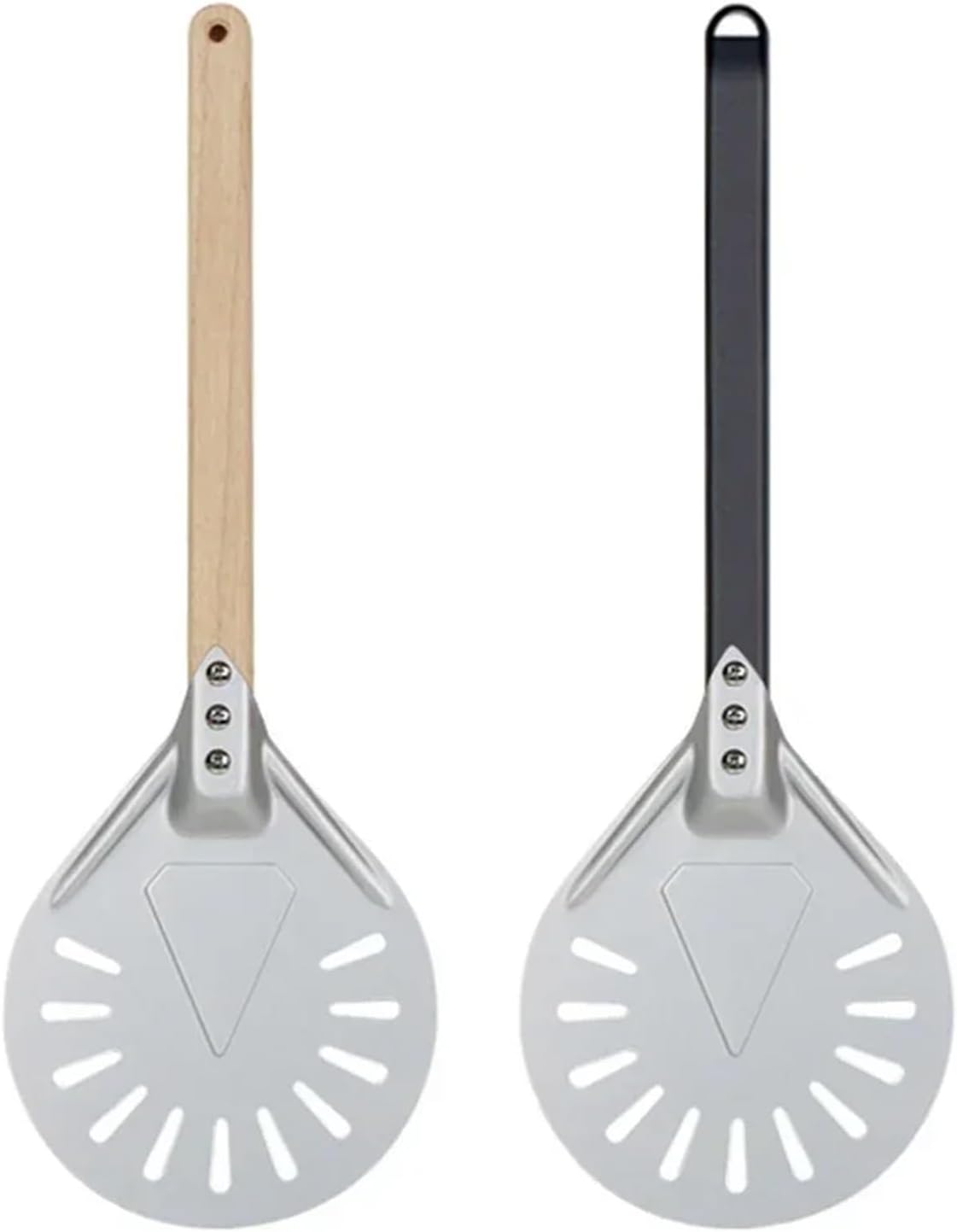 1PCS Pizza Turning Small Peel Paddle Short Round Tool Non Slip Wooden Handle 7 8 9 Inch Perforated Shovel Aluminum(4pcs)