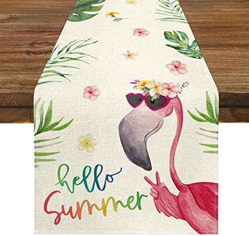 RIVONE Hello Summer Watercolor Flamingo Table Runner, 13 x 72 Inch Tropical Flower Leaves Wreath Seasonal Summer Holiday Dresser Farmhouse Kitchen Dining Table Decorative Home Party Decor