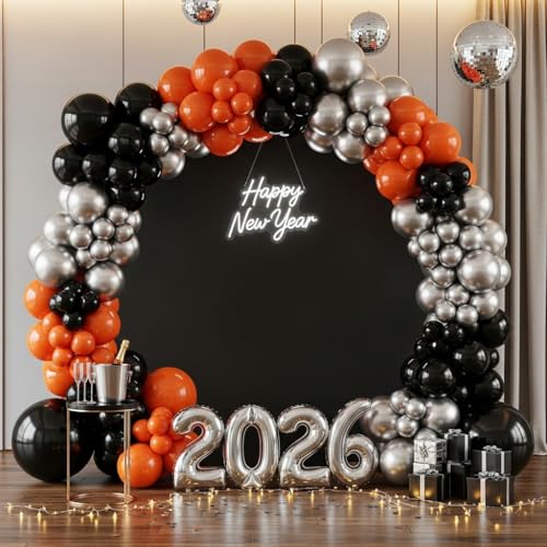 Image of Orange Black Silver Balloon Arch Kit for Halloween Decorations | 5,12,18 Inch, 133 Pcs for bold Halloween, trick or treat party, graduation, basketball party backdrops
