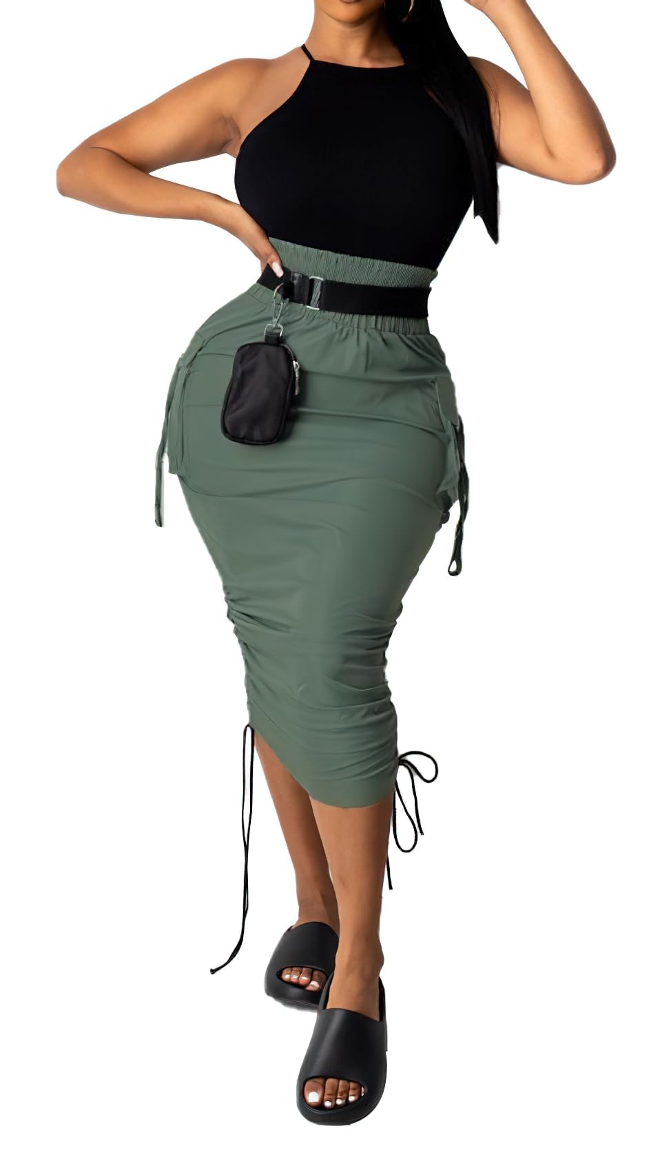 loveimgs Women's Elastic High Waist Ruched Bodycon Skirt Drawstring Midi Long Cargo Skirt with Flap Pockets