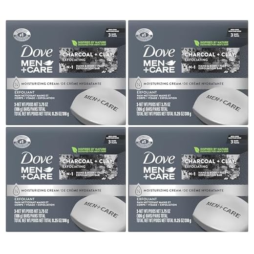 Dove Sabonete masculino + Care Bar de argila de carvão, 12 unidades, esfoliante corporal 3 em 1 para rosto e mão, sabonetes em barra purificadores para homens, à base de plantas com óleos essenciais