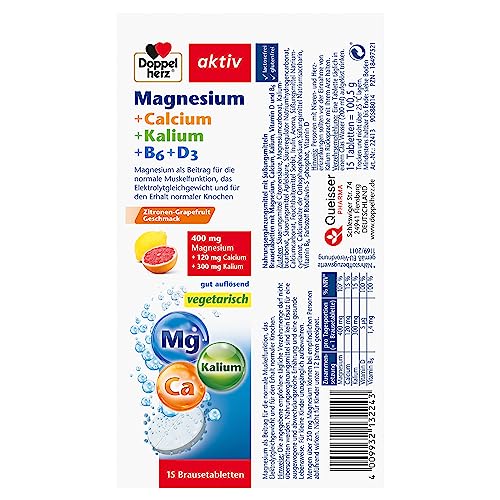 Doppelherz Magnesium + Calcium + Kalium + B6 + D3 - Magnesium als Beitrag für die normale Muskelfunktion und für den Erhalt normaler Knochen - 15 vegetarische Brausetabletten