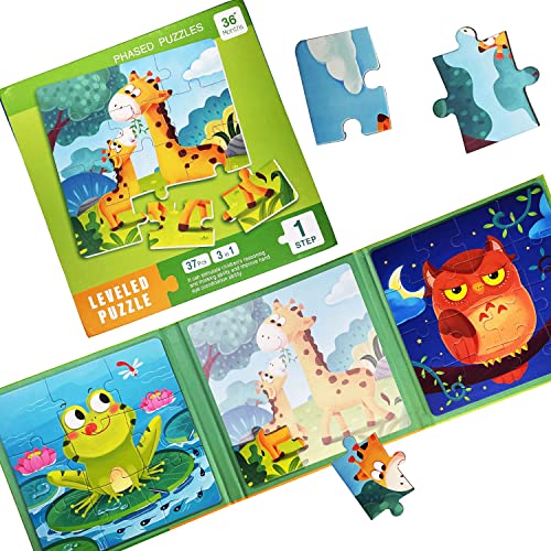 Image of ZRCCOX Magnetic Puzzles for Kids Ages 4 5 6 7 8, Three Wooden Jigsaw Puzzles 37 Piece, Animal Puzzles Book for Toddlers, Puzzles Party Favors for Girls and Boys, Travel Games and Travel Toys for Kids
