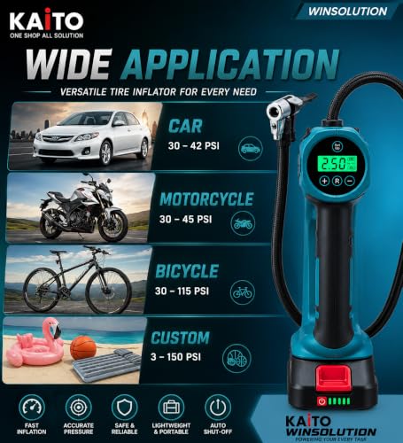 Image of KAITO Portable Tire Inflator Air Compressor 21 V Li-Ion Battery | | 130 PSI Max Pressure | Auto Shut-Off | LED Light | Cordless Design for Cars, Bikes & Balls