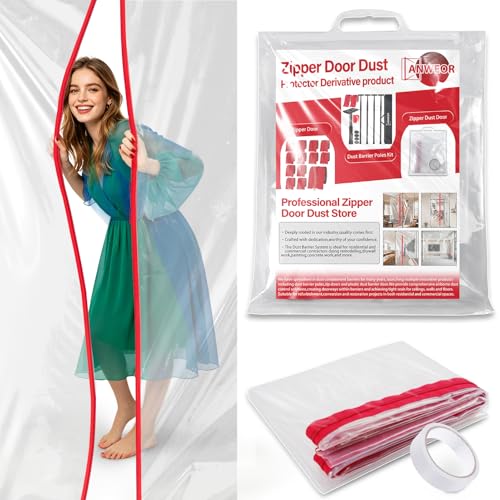 4 FT x 7.2 FT Dust Barrier Plastic Zipper Door Heavy-Duty Door Dust Protection Kit for Construction Remodeling Painting & Drywall Work Easy Install & Removal Includes 3 cm x 10 m Gaffer Tape