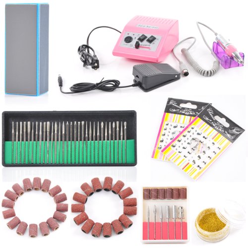 Complete Professional Electric Nail Drill Machine Manicure Pedicure Kit Electric Nail Art File Drill w/ Pink Machine Set, 30 Pcs Electric Nail File Drill Bits, Nail Buffer