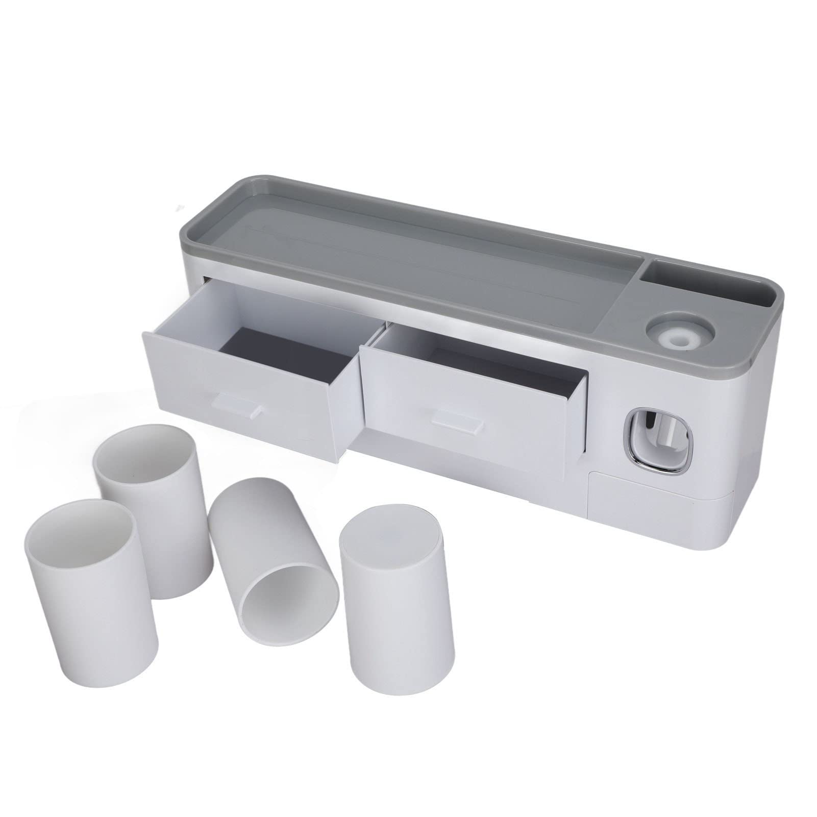 Wandmontierter Zahnbürstenhalter, PP-ABS-Zahnbürstenhalter-Set mit Automatischem Zahnpastaspender, Magnetischem Tassenschubladen-Aufbewahrungsregal, Organizer ohne Bohrer für den
