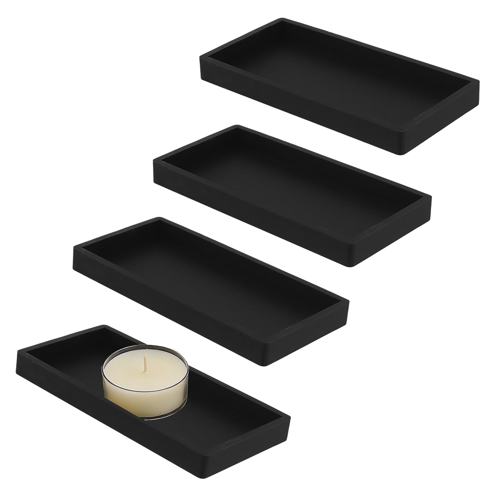 Cheungr Black Bathroom Tray, 4 Pack Silicone Vanity Tray Rectangle Jewelry Tray For Bathroom, Kitchen, Toilet, Holding Cosmetics, Candles, Toiletries, 20 X 10 X 2 Cm