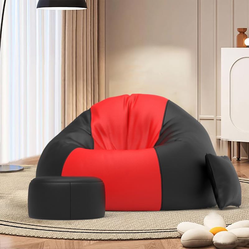 Image of Biggie Bean Bag Chair with Beans Filled 4XL Classic Comfort Bean Sofa-Crafted for Comfort-Styled for Modern Homes with Free Cushion & Footrest (Matching Color : Leatherette Red Black)