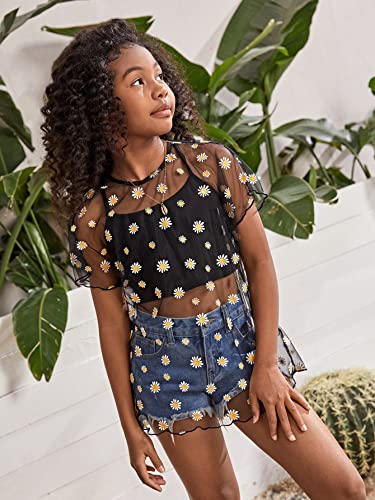 COZYEASE Girls' Mesh Top Floral Print Lettuce Trim Loose Sheer T Shirt Cover Up Top Without Cami Top4