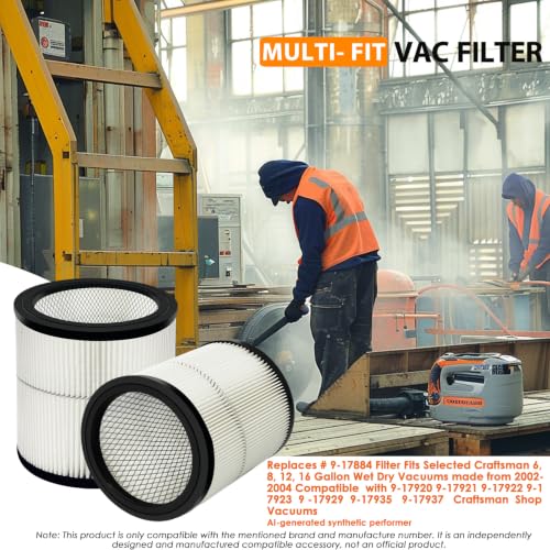 Image of 17884 Replacement Filter Fits Craftsman 6 8 12 16 Gallon Wet Dry Vacuums, Replaces 9-17884 General Purpose Vac Filter with 2x Wet Foam- 2 Pack