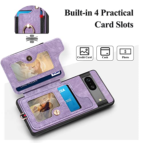 Atatoo Case For Google Pixel 7A, Built-In Credit Card Holder & Rfid Blocking & Grip Ring Stand & Adjustable Wristlet Strap, Durable Leather Wallet Phone Cover Case For Pixel 7A 5G 2023-Purple #TOP2